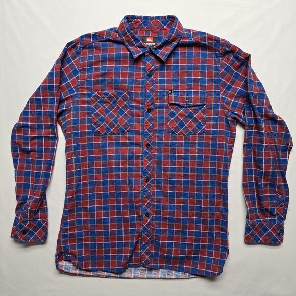 Quiksilver Shirt Mens Large Red Blue Plaid Flannel Button Down Long Sleeve Soft - Picture 1 of 9